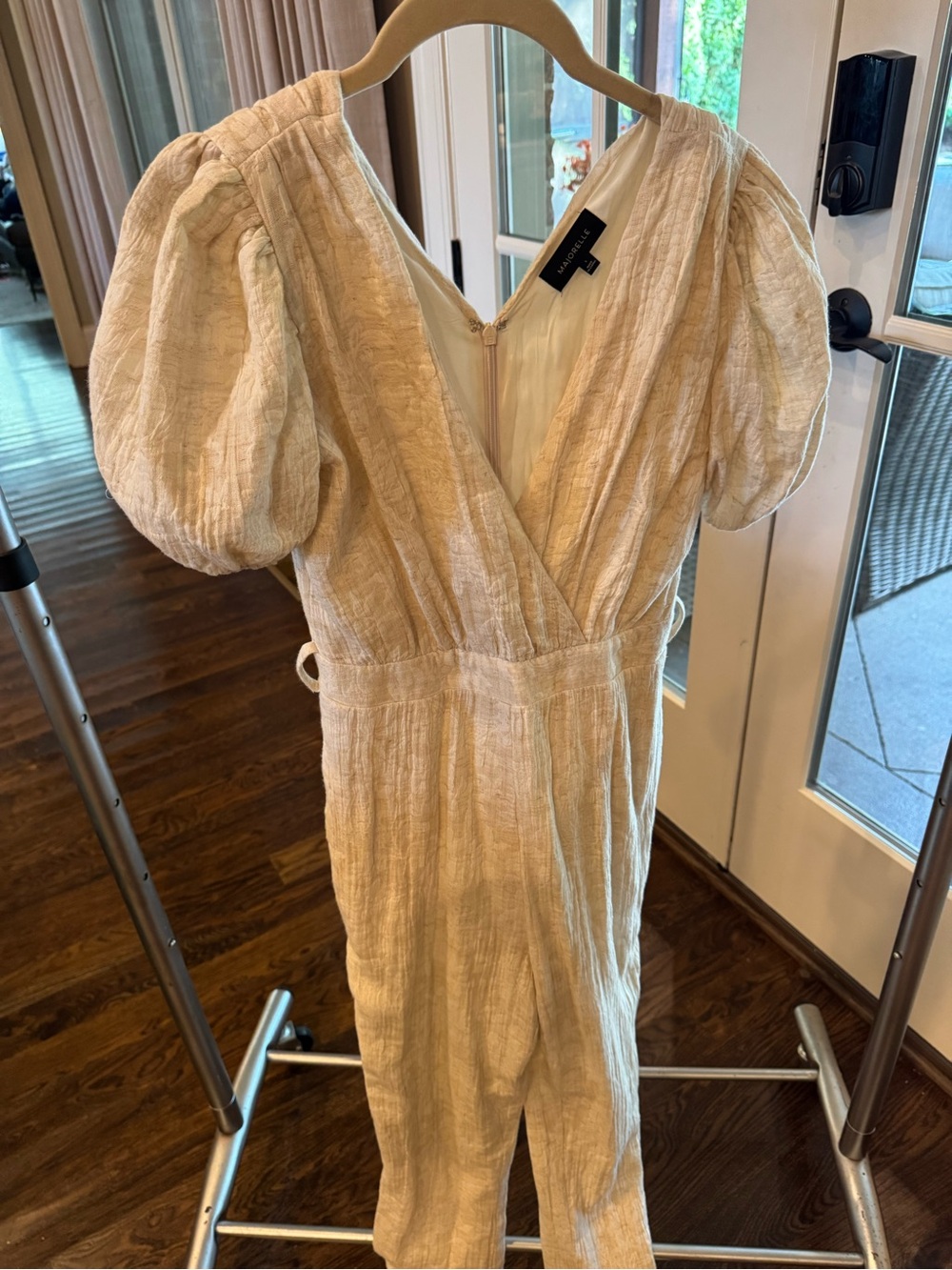 MAJORELLE Cream Textured Puff-Sleeve Midi Dress